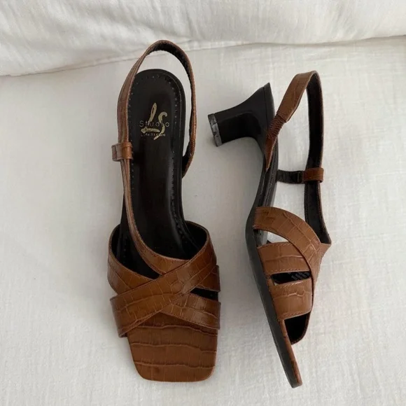 LifeStride Brown Crocodile-embossed Leather Slingback Kitten Heel Sandals - Picture 2 of 8